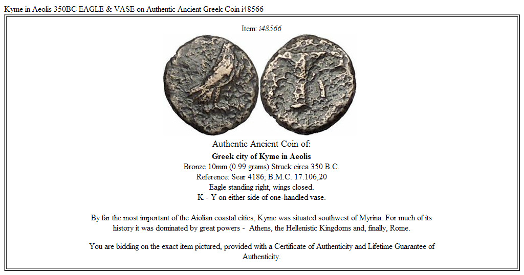 Kyme in Aeolis 350BC EAGLE & VASE on Authentic Ancient Greek Coin i48566