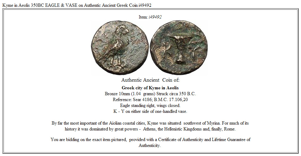 Kyme in Aeolis 350BC EAGLE & VASE on Authentic Ancient Greek Coin i49492