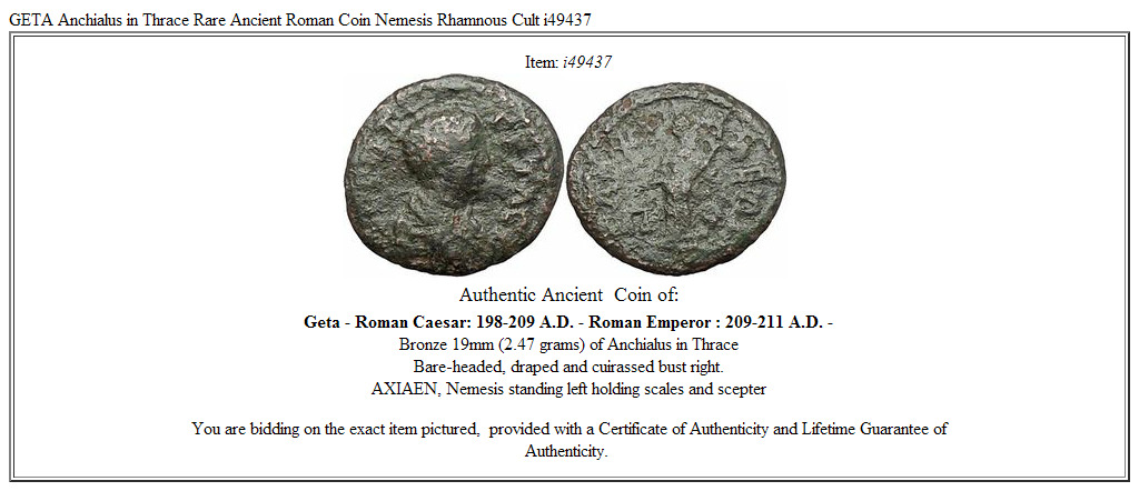 GETA Anchialus in Thrace Rare Ancient Roman Coin Nemesis Rhamnous Cult i49437