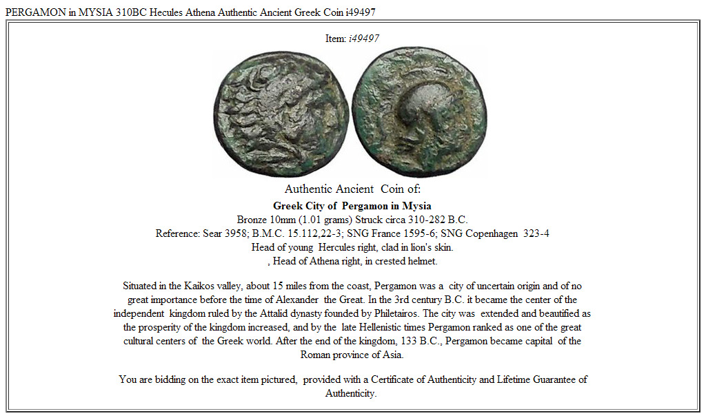 PERGAMON in MYSIA 310BC Hecules Athena Authentic Ancient Greek Coin i49497
