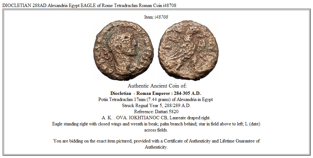 DIOCLETIAN 288AD Alexandria Egypt EAGLE of Rome Tetradrachm Roman Coin i48708