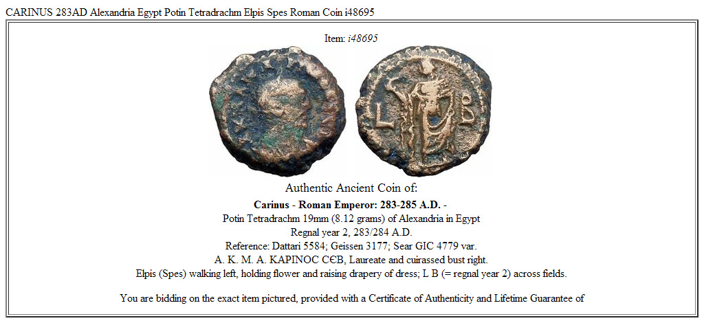 CARINUS 283AD Alexandria Egypt Potin Tetradrachm Elpis Spes Roman Coin i48695