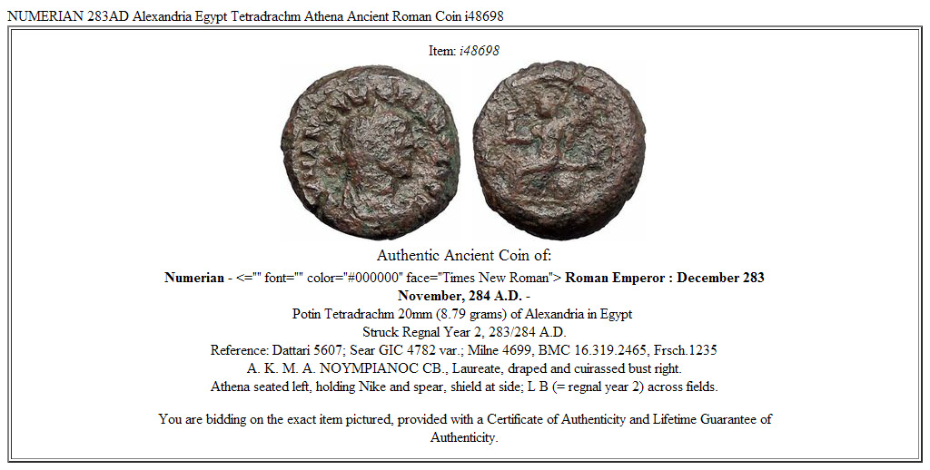 NUMERIAN 283AD Alexandria Egypt Tetradrachm Athena Ancient Roman Coin i48698