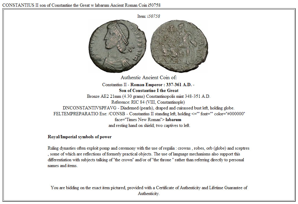 CONSTANTIUS II son of Constantine the Great w labarum Ancient Roman Coin i50758