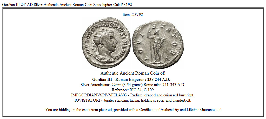 Gordian III 241AD Silver Authentic Ancient Roman Coin Zeus Jupiter Cult i53192