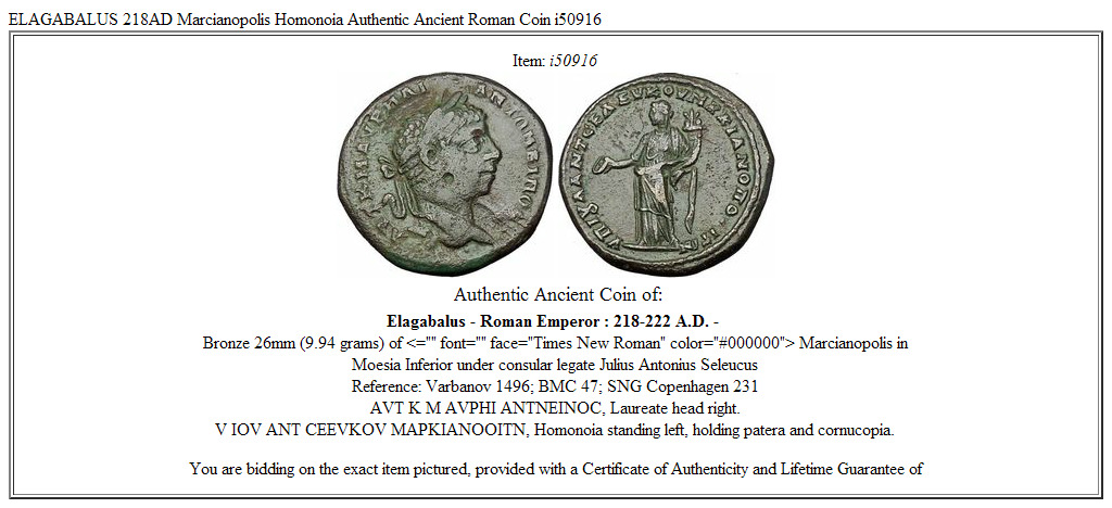 ELAGABALUS 218AD Marcianopolis Homonoia Authentic Ancient Roman Coin i50916