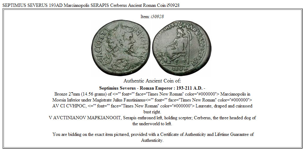 SEPTIMIUS SEVERUS 193AD Marcianopolis SERAPIS Cerberus Ancient Roman Coin i50928