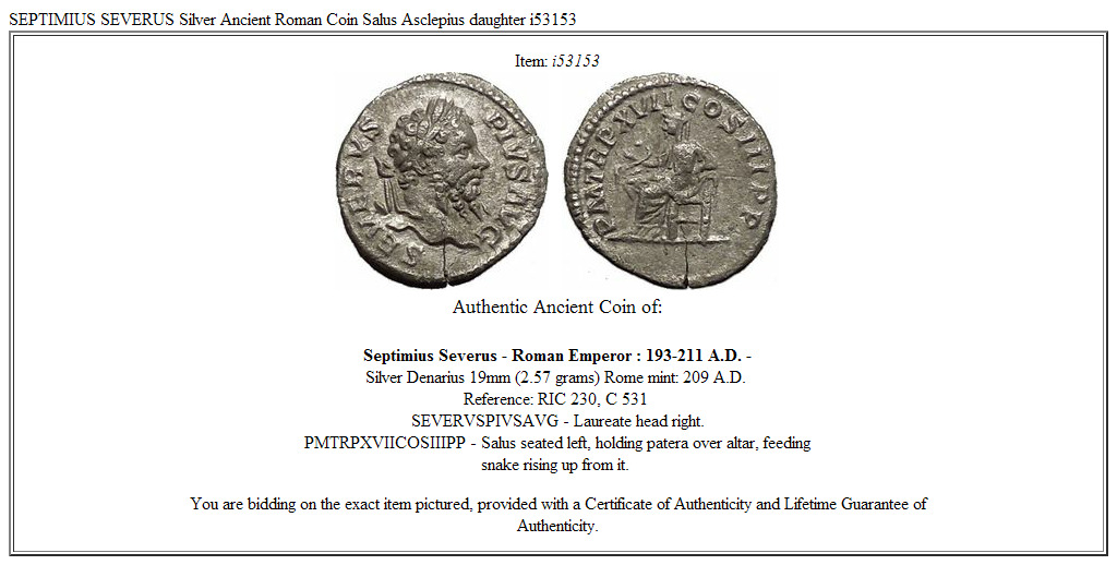 SEPTIMIUS SEVERUS Silver Ancient Roman Coin Salus Asclepius daughter i53153