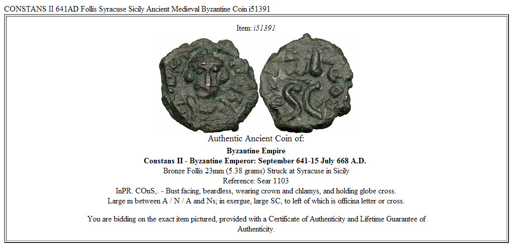 CONSTANS II 641AD Follis Syracuse Sicily Ancient Medieval Byzantine Coin i51391