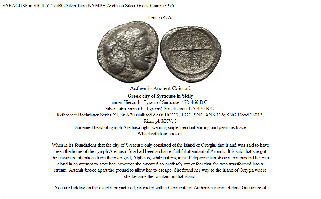 SYRACUSE in SICILY 475BC Silver Litra NYMPH Arethusa Silver Greek Coin i53976
