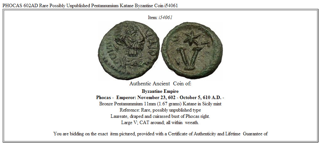 PHOCAS 602AD Rare Possibly Unpublished Pentannumium Katane Byzantine Coin i54061