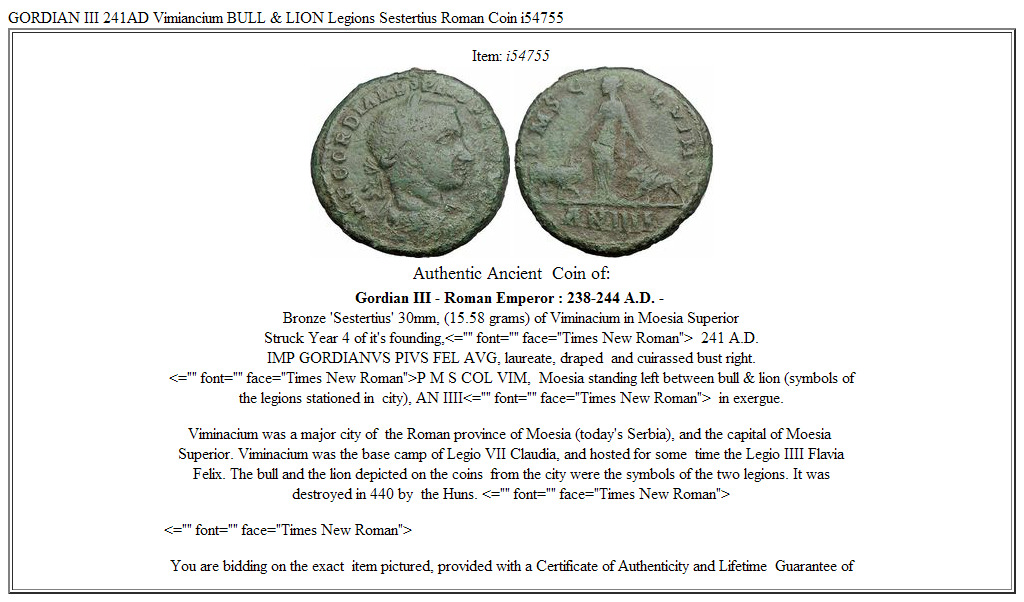 GORDIAN III 241AD Vimiancium BULL & LION Legions Sestertius Roman Coin i54755