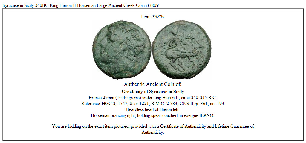 Syracuse in Sicily 240BC King Hieron II Horseman Large Ancient Greek Coin i33809