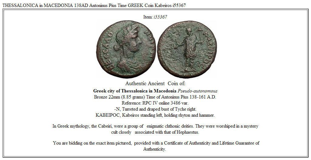 THESSALONICA in MACEDONIA 138AD Antoninus Pius Time GREEK Coin Kabeiros i55367