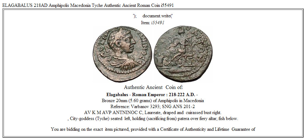 ELAGABALUS 218AD Amphipolis Macedonia Tyche Authentic Ancient Roman Coin i55491