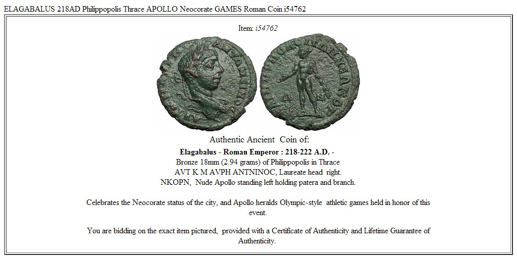 ELAGABALUS 218AD Philippopolis Thrace APOLLO Neocorate GAMES Roman Coin i54762
