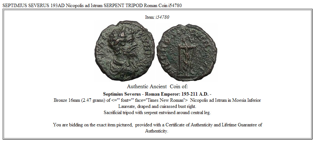 SEPTIMIUS SEVERUS 193AD Nicopolis ad Istrum SERPENT TRIPOD Roman Coin i54780