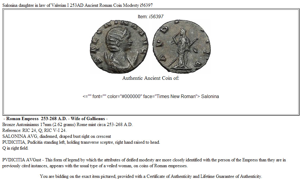Salonina daughter in law of Valerian I 253AD Ancient Roman Coin Modesty i56397