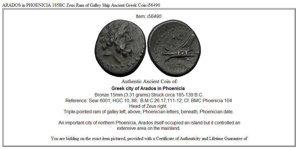 ARADOS in PHOENICIA 185BC Zeus Ram of Galley Ship Ancient Greek Coin i56490