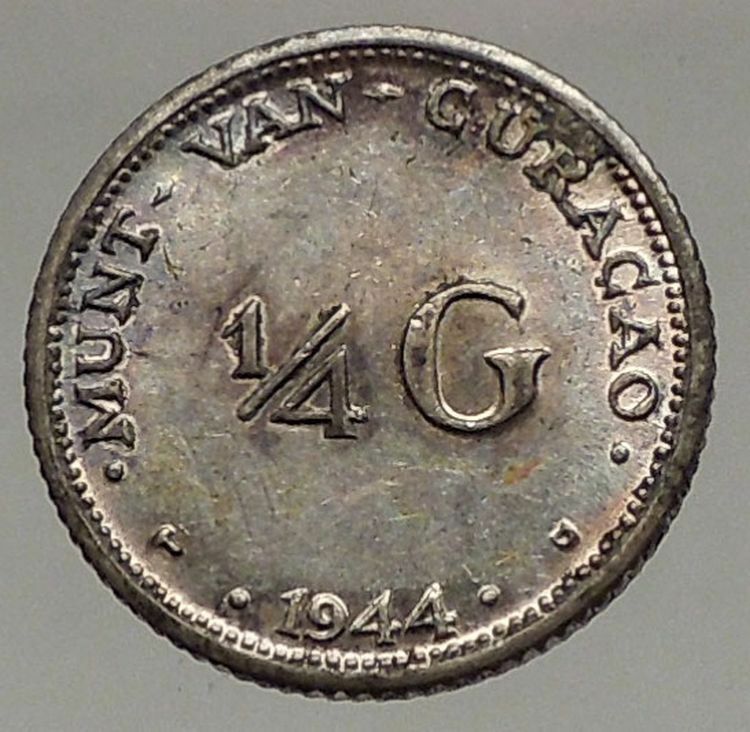 1944 CURACAO Netherlands Kingdom Queen WILHELMINA 1/4 Gulden Silver Coin i57175