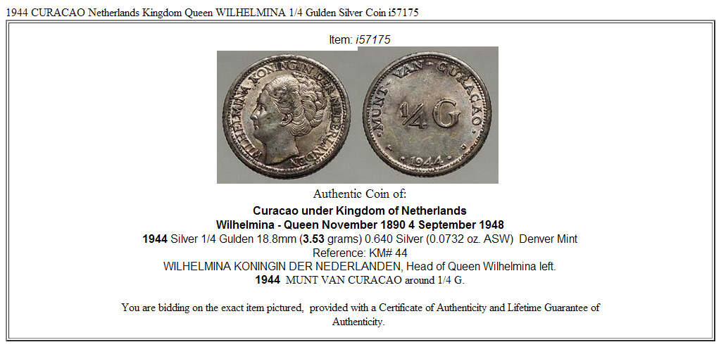 1944 CURACAO Netherlands Kingdom Queen WILHELMINA 1/4 Gulden Silver Coin i57175