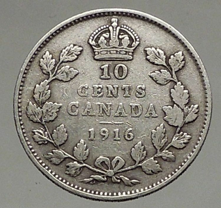 1916 CANADA - Original Antique Silver 10 Cents Coin under King GEORGE V i56802