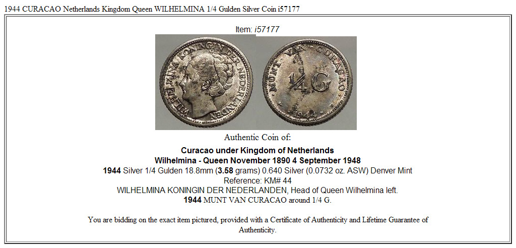 1944 CURACAO Netherlands Kingdom Queen WILHELMINA 1/4 Gulden Silver Coin i57177