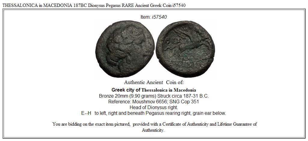 THESSALONICA in MACEDONIA 187BC Dionysus Pegasus RARE Ancient Greek Coin i57540