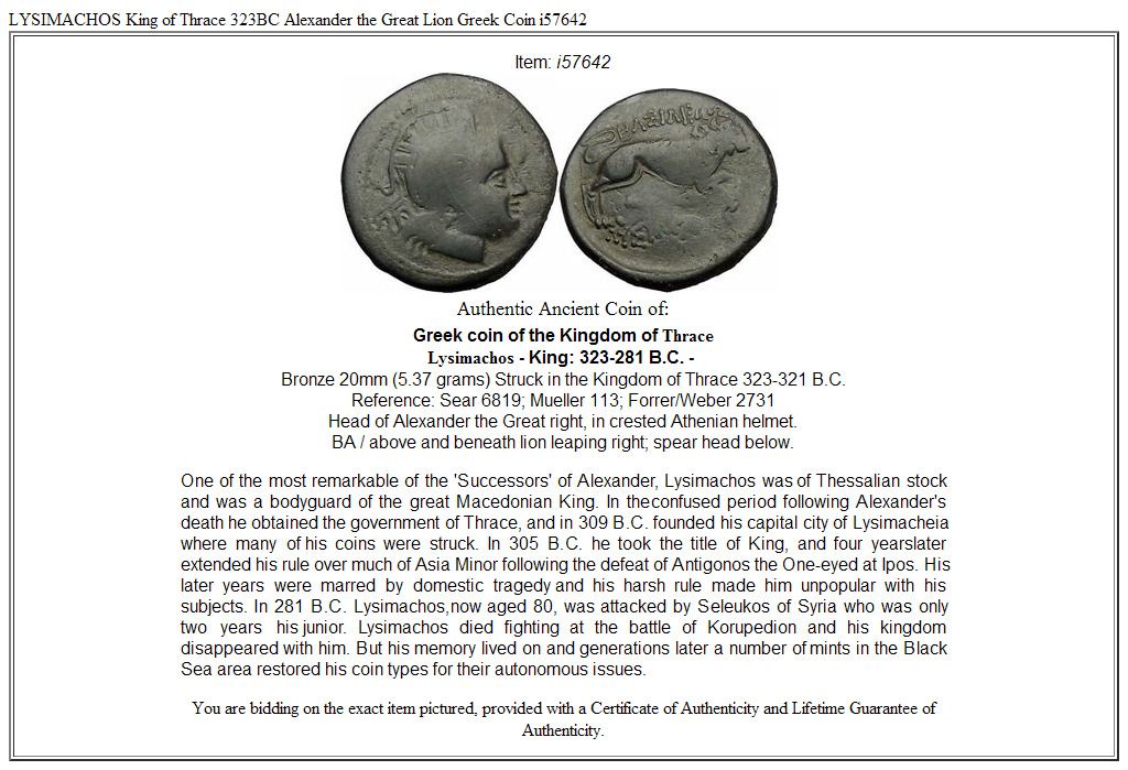 LYSIMACHOS King of Thrace 323BC Alexander the Great Lion Greek Coin i57642