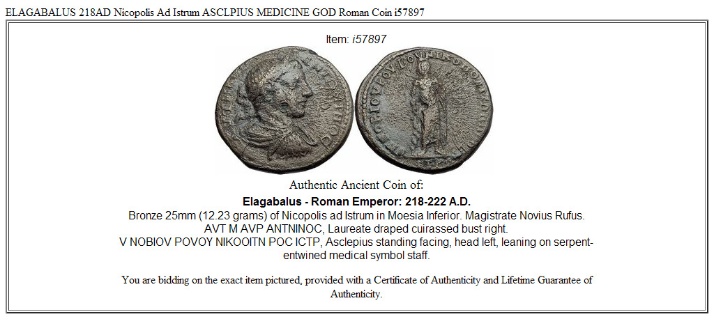 ELAGABALUS 218AD Nicopolis Ad Istrum ASCLPIUS MEDICINE GOD Roman Coin i57897
