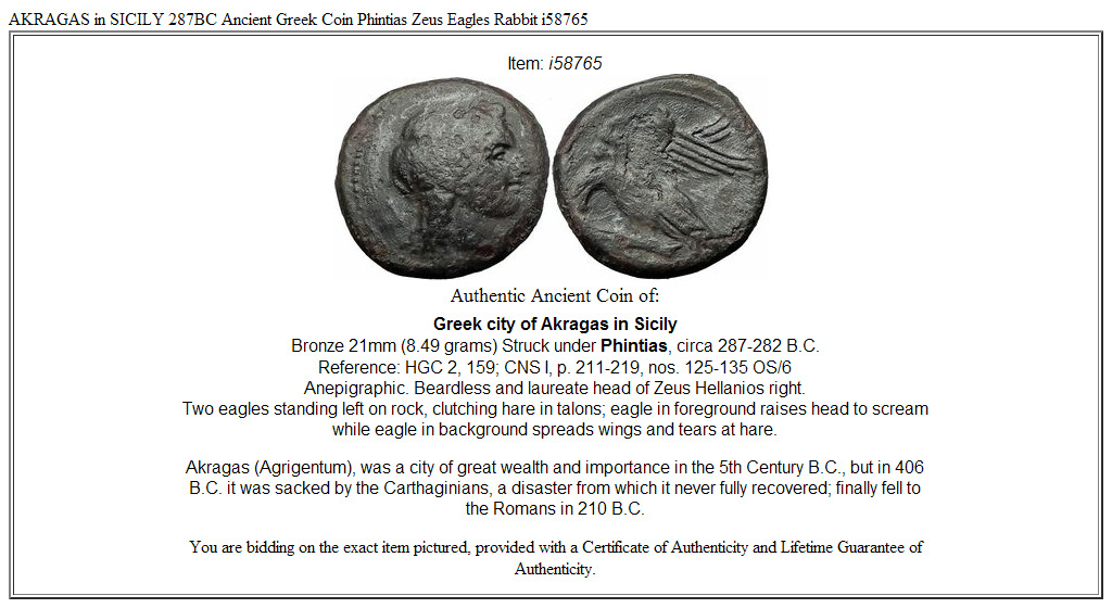 AKRAGAS in SICILY 287BC Ancient Greek Coin Phintias Zeus Eagles Rabbit i58765