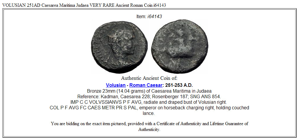 VOLUSIAN 251AD Caesarea Maritima Judaea VERY RARE Ancient Roman Coin i64143