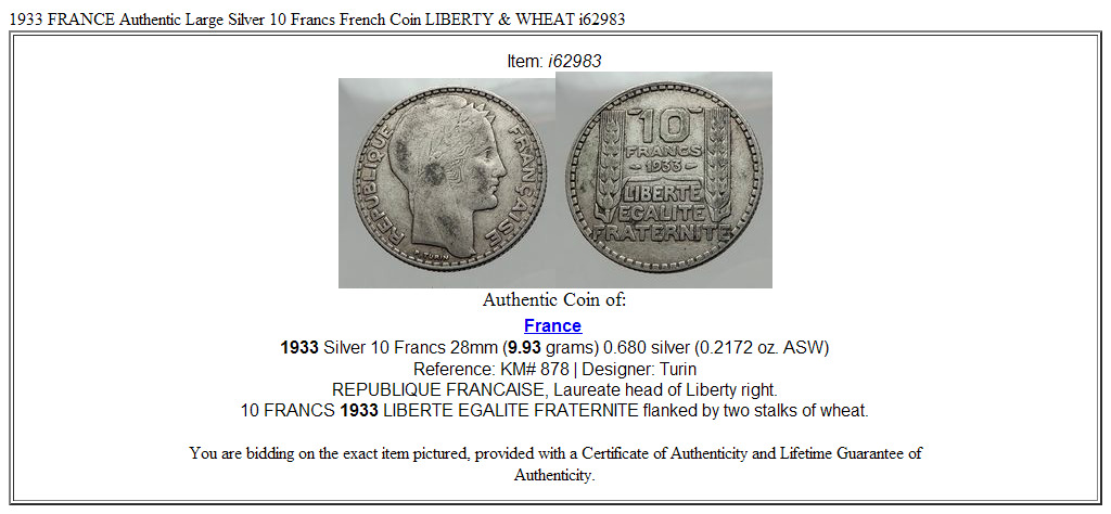 1933 FRANCE Authentic Large Silver 10 Francs French Coin LIBERTY & WHEAT i62983