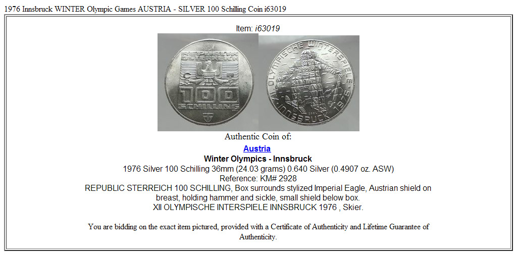 1976 Innsbruck WINTER Olympic Games AUSTRIA - SILVER 100 Schilling Coin i63019