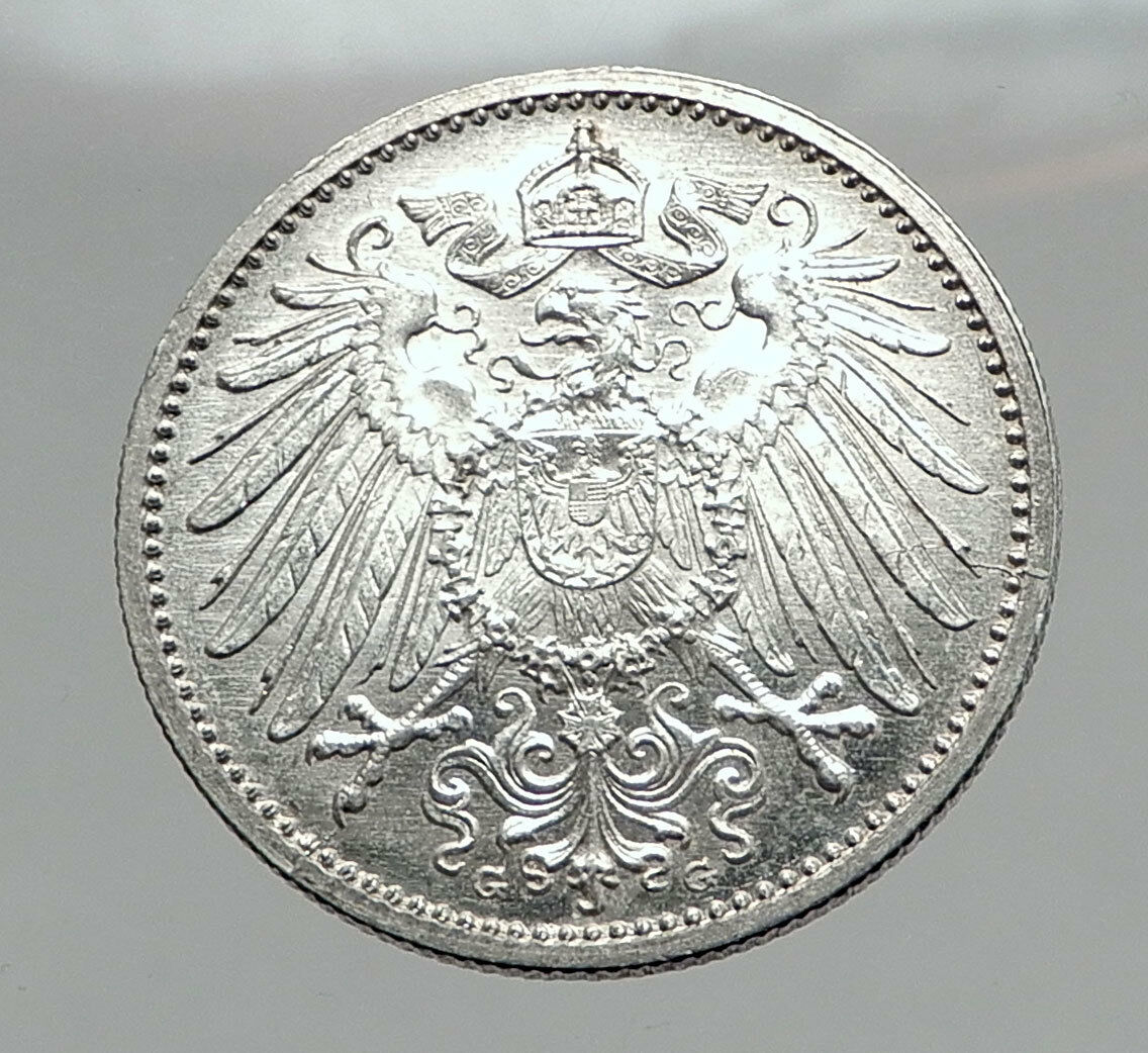 1914 WILHELM II of GERMANY 1 Mark Antique German Empire Silver Coin Eagle i64427