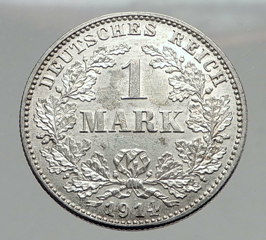 1914 WILHELM II of GERMANY 1 Mark Antique German Empire Silver Coin Eagle i64427