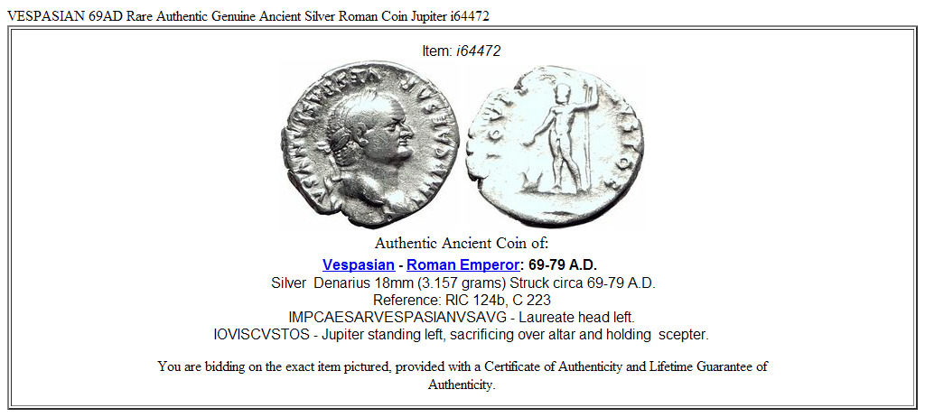 VESPASIAN 69AD Rare Authentic Genuine Ancient Silver Roman Coin Jupiter i64472