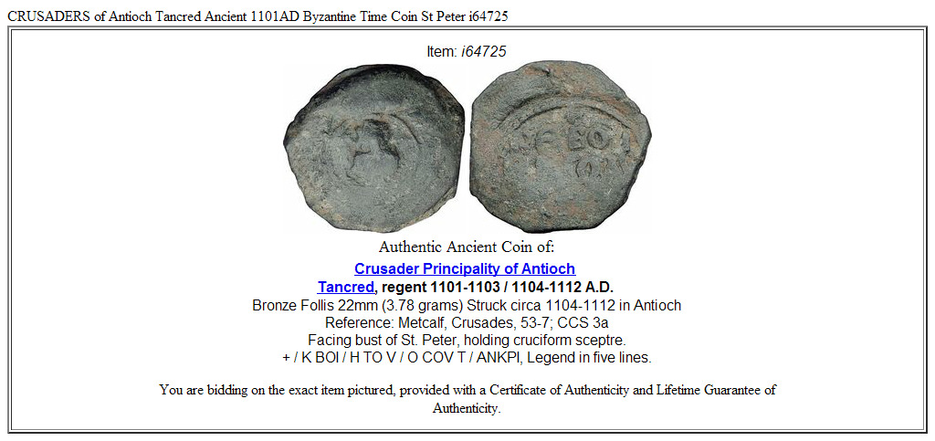 CRUSADERS of Antioch Tancred Ancient 1101AD Byzantine Time Coin St Peter i64725