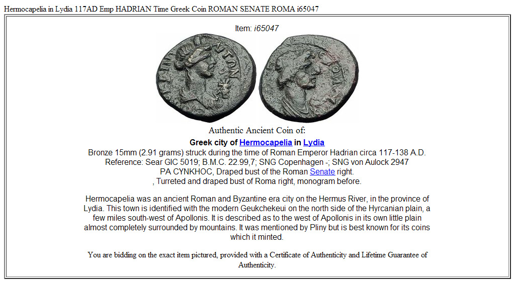 Hermocapelia in Lydia 117AD Emp HADRIAN Time Greek Coin ROMAN SENATE ROMA i65047