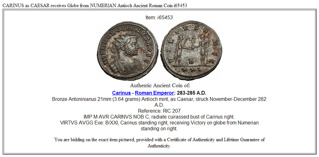 CARINUS as CAESAR receives Globe from NUMERIAN Antioch Ancient Roman Coin i65453