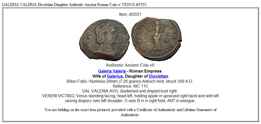 GALERIA VALERIA Diocletian Daughter Authentic Ancient Roman Coin w VENUS i65551