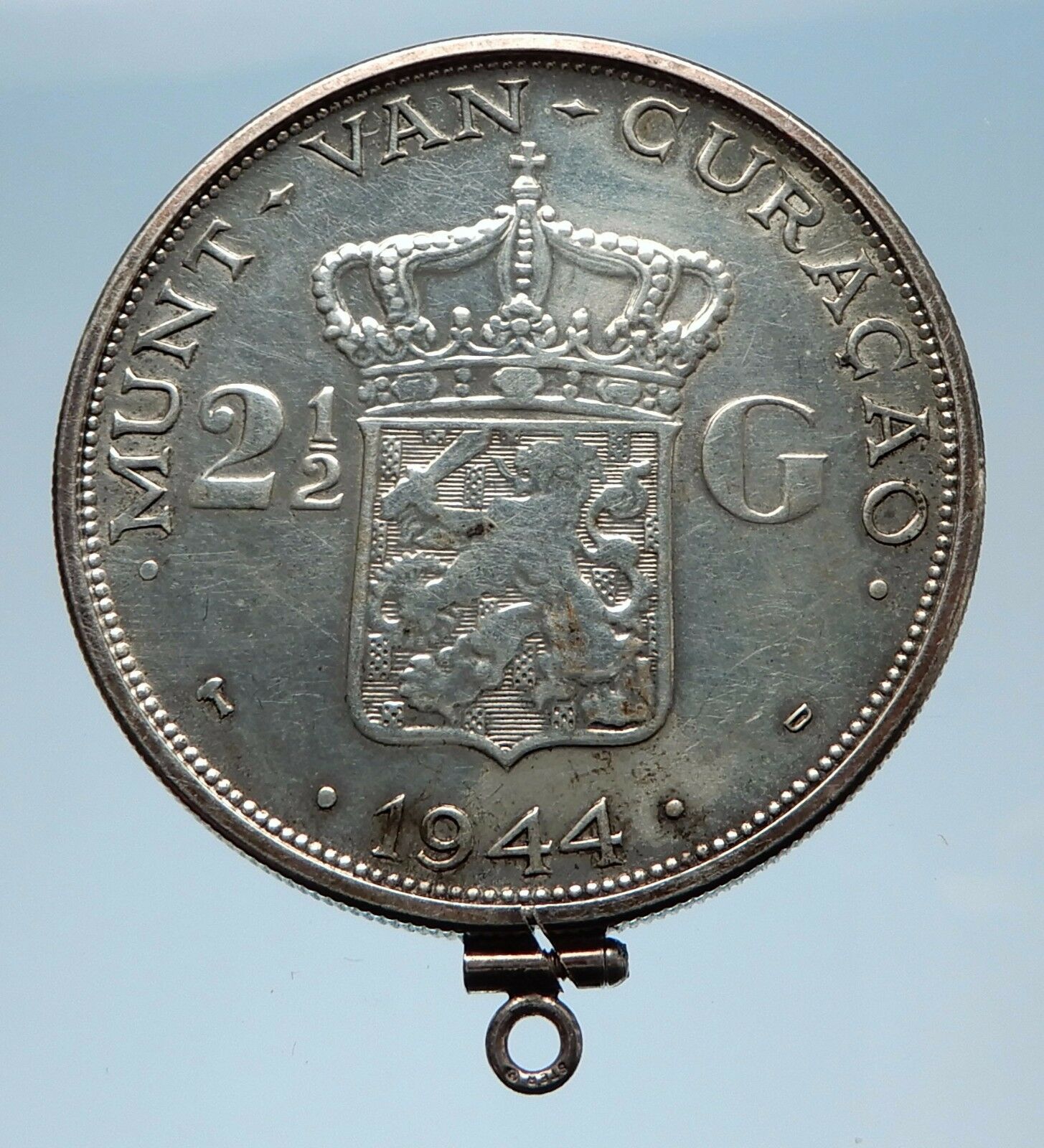 1944 CURACAO Netherlands Kingdom Queen WILHELMINA Silver Coin PENDANT i65581