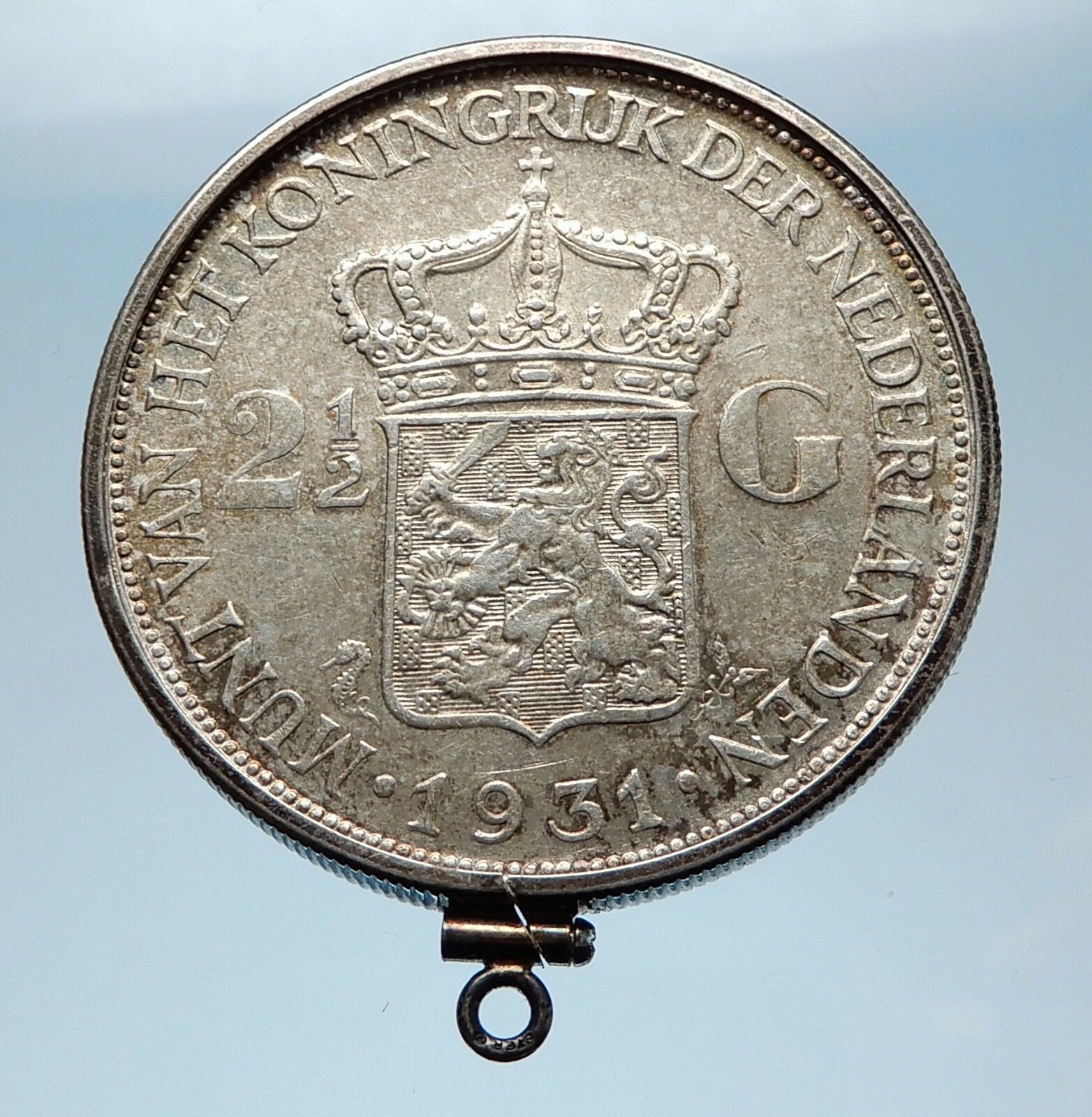 1931 Netherlands Queen WILHELMINA 2.5 Gulden Silver Coin PENDANT JEWELRY i65575