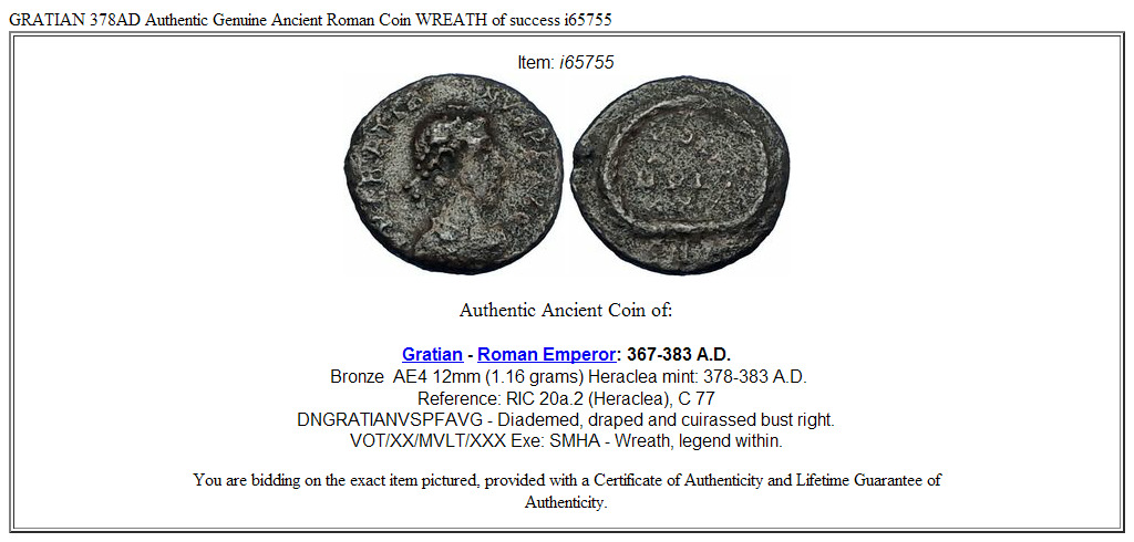 GRATIAN 378AD Authentic Genuine Ancient Roman Coin WREATH of success i65755