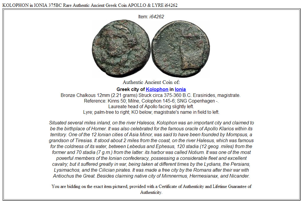 KOLOPHON in IONIA 375BC Rare Authentic Ancient Greek Coin APOLLO & LYRE i64262