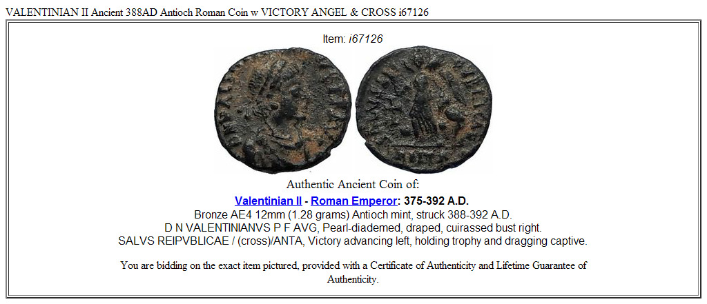 VALENTINIAN II Ancient 388AD Antioch Roman Coin w VICTORY ANGEL & CROSS i67126