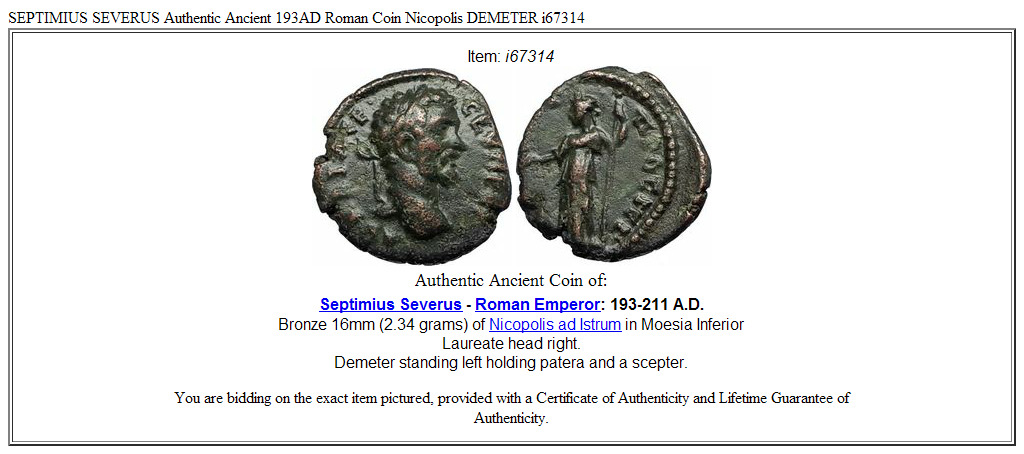 SEPTIMIUS SEVERUS Authentic Ancient 193AD Roman Coin Nicopolis DEMETER i67314