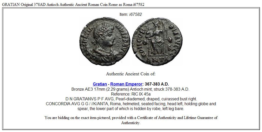 GRATIAN Original 378AD Antioch Authentic Ancient Roman Coin Rome as Roma i67582