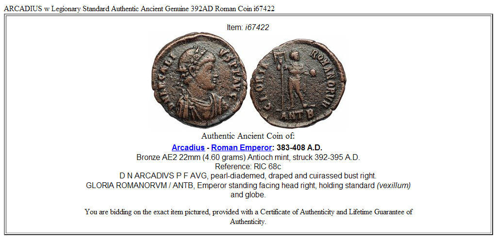 ARCADIUS w Legionary Standard Authentic Ancient Genuine 392AD Roman Coin i67422