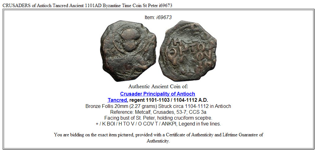 CRUSADERS of Antioch Tancred Ancient 1101AD Byzantine Time Coin St Peter i69673